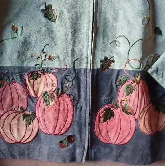 Suede Fall Autumn Leaves Pumpkin Embroidered Full Zip Leather Jacket - Picture 8 of 9